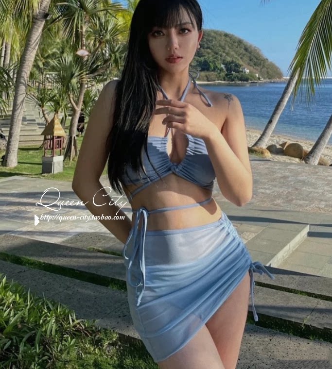 欧美辣妹分体泳衣比基尼性感镂空设计感沙滩裙三件套泳装带胸垫女