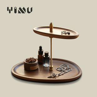 YIMU复古中古风玄关钥匙收纳摆件置物入户可旋转实木香薰首饰托盘