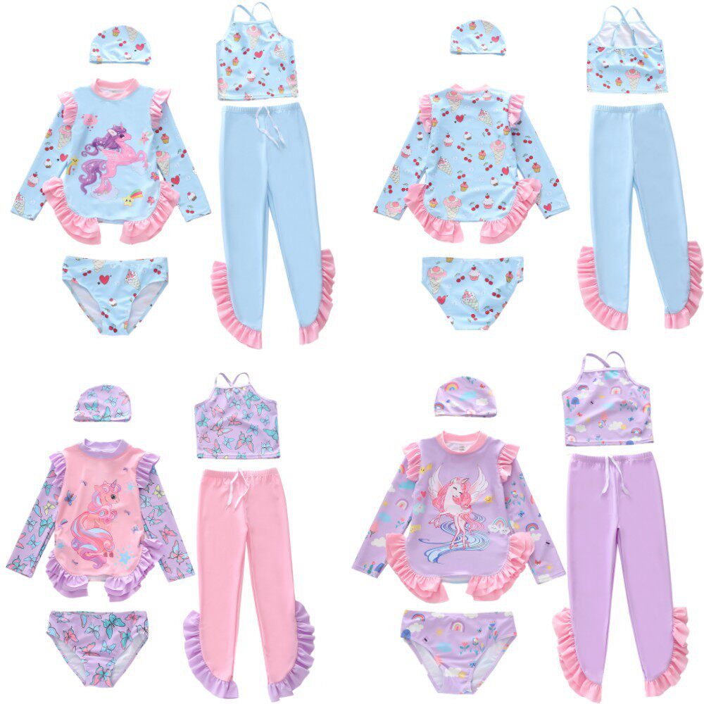 新款儿童泳衣女童新荷叶边游泳衣小中大童分体长袖长裤防晒游泳衣