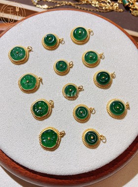 999足金 传承古法金工艺 镶嵌天然翡翠平安扣 吊坠