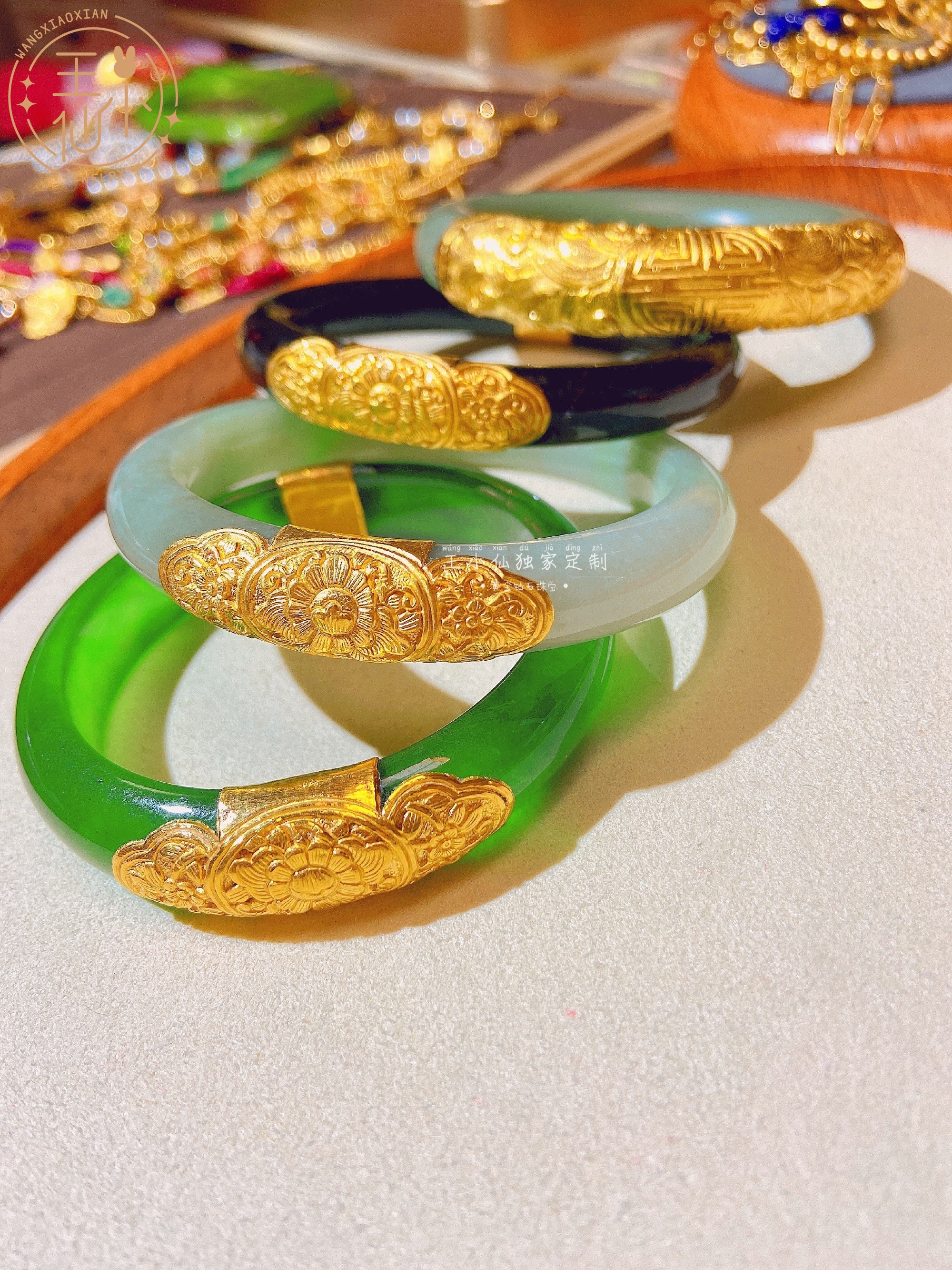 999足金 手工古法金 錾刻金 镶嵌花片 修复手镯