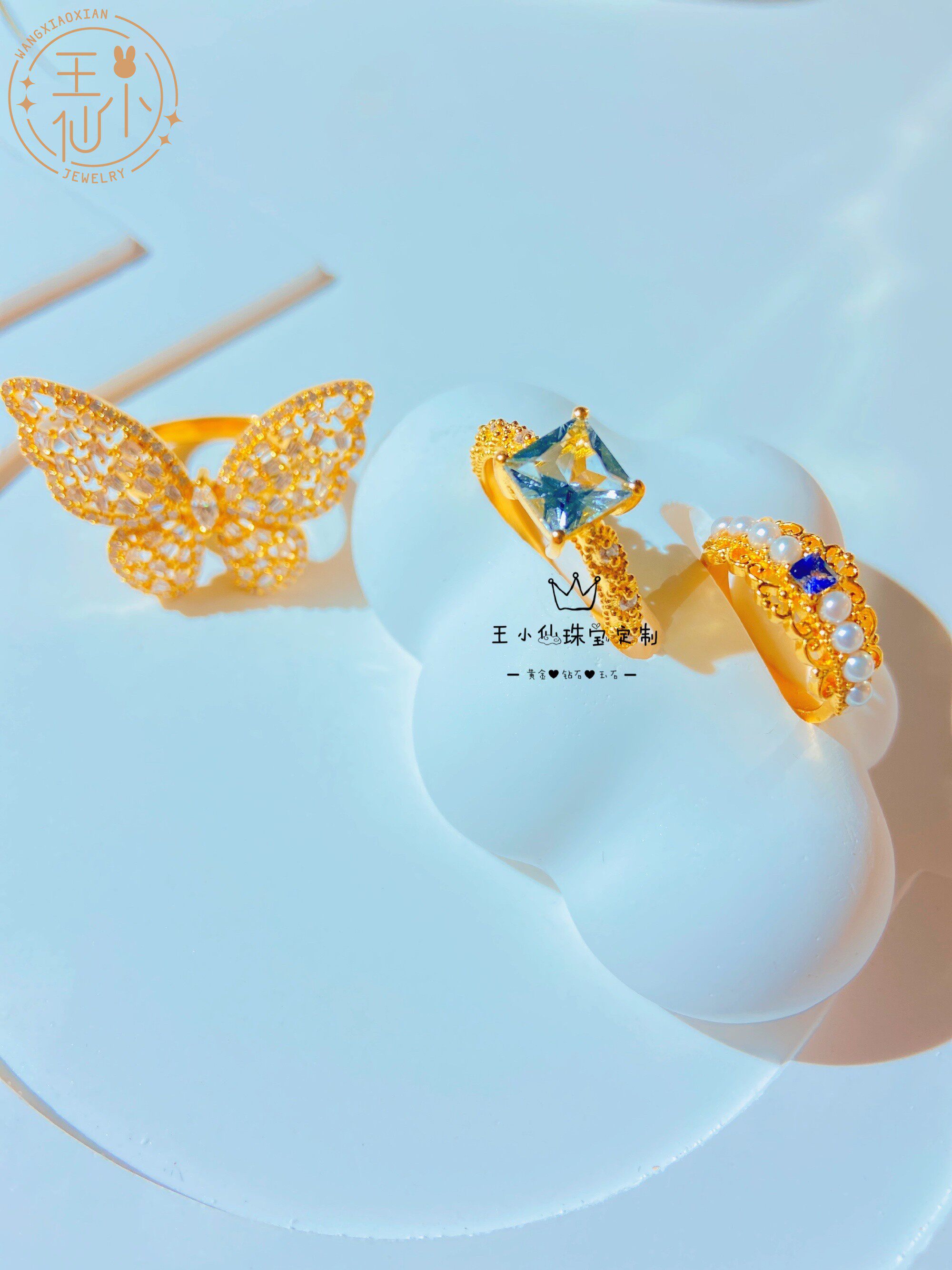 999足金精品工艺宫廷蕾丝蓝宝石珍珠尾戒黄金戒指女士