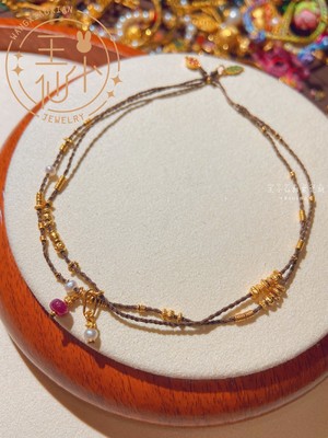 古法金红宝石金圈圈双层编绳脚链