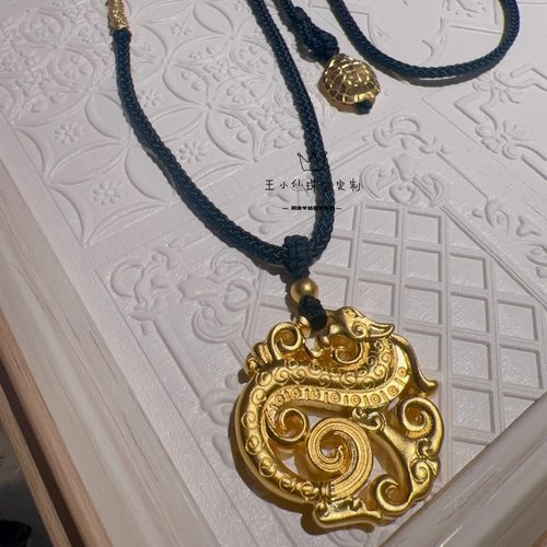 足金999传承古法金升龙团佩实心龙牌富甲天下龟壳串珠编绳项链