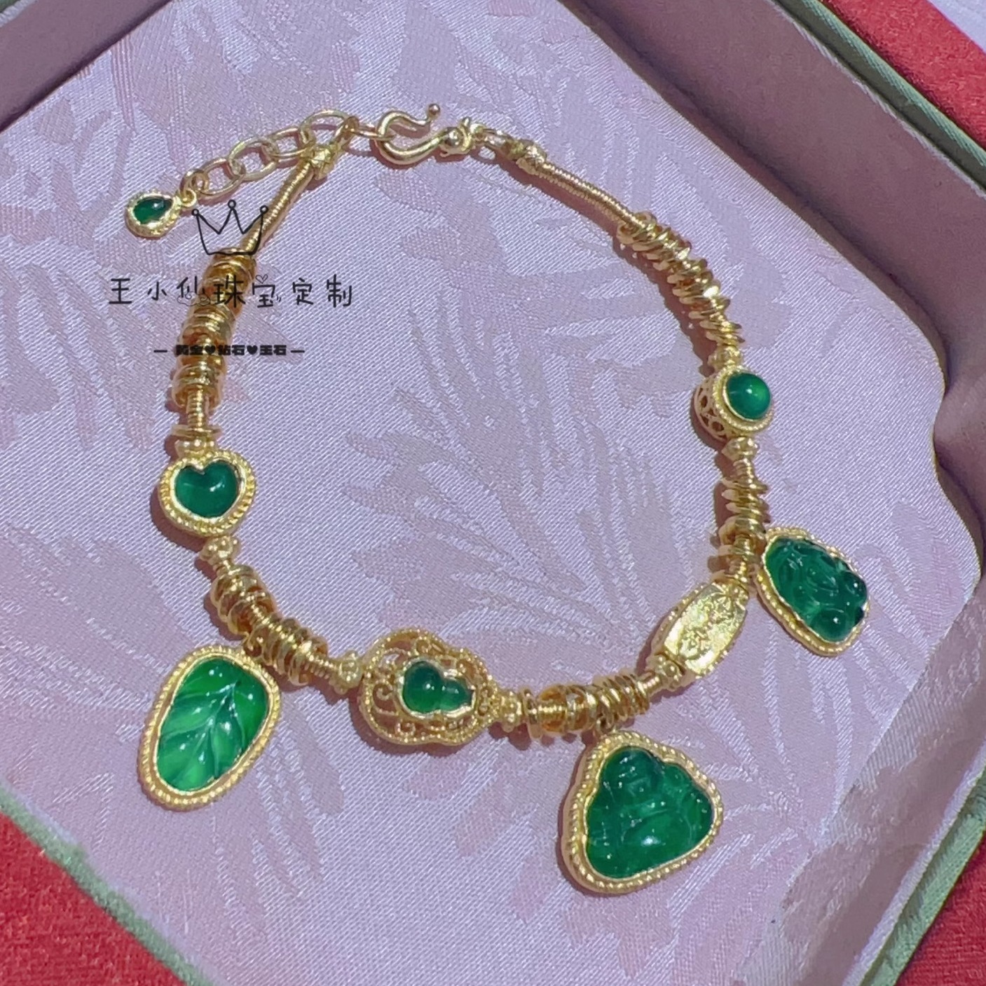 足金999手工古法金4mm黄金盘缠手链天然翡翠弥勒佛貔貅招财吊坠