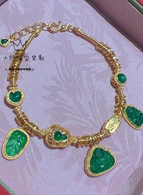 足金999手工古法金4mm黄金盘缠手链天然翡翠弥勒佛貔貅招财吊坠