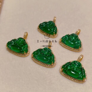 足金999传承古法金点钻工艺莫桑石天然翡翠A货危地马拉弥勒佛吊坠