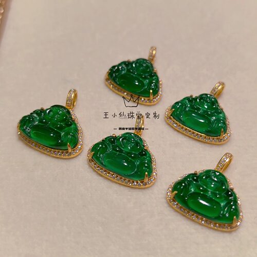足金999传承古法金点钻工艺莫桑石天然翡翠A货危地马拉弥勒佛吊坠