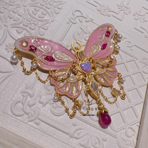 足金999传承古法金非遗仿点翠工艺珐琅彩宝石镶嵌蝴蝶流苏吊坠