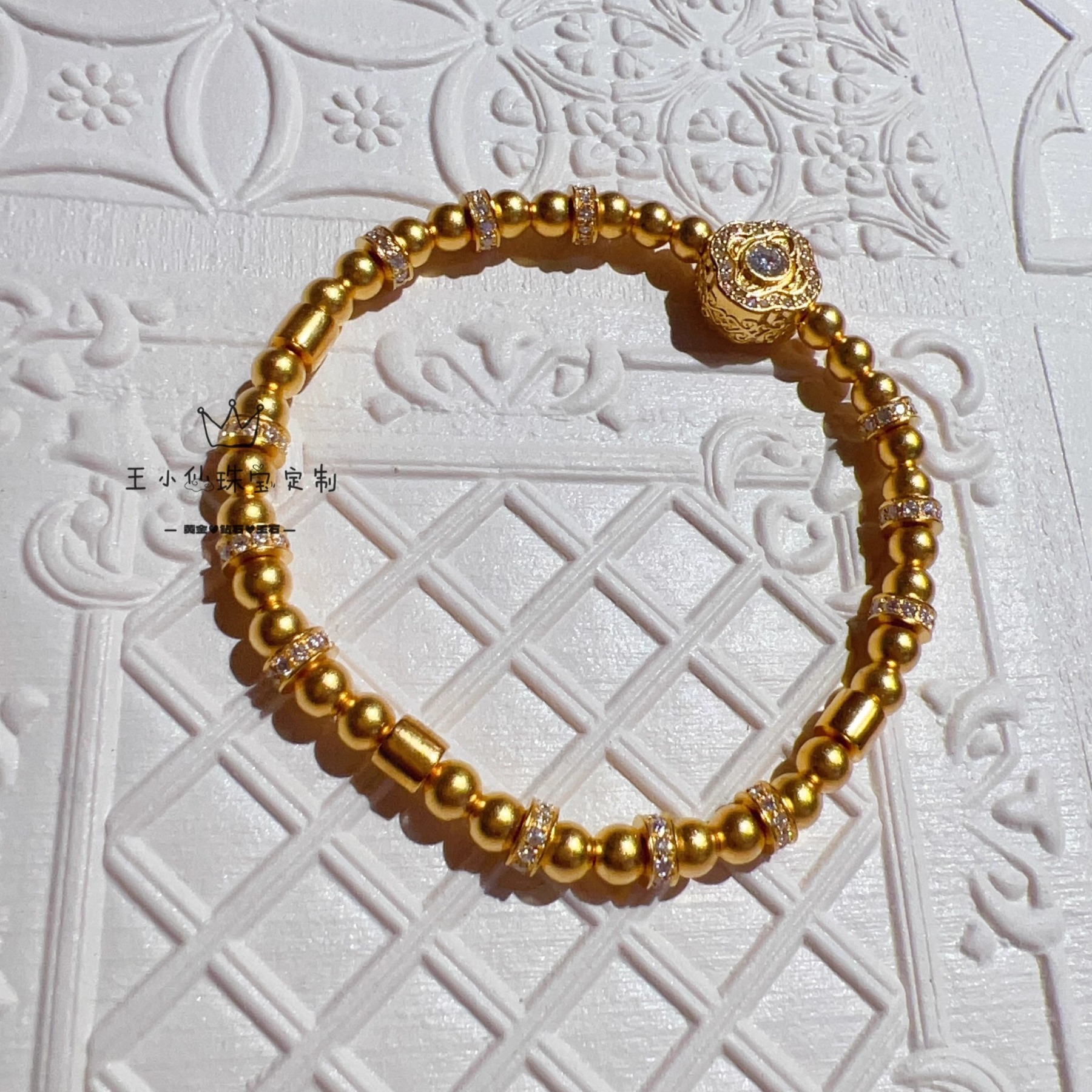 足金999传承古法金点钻工艺莫桑石人生四美四叶草4mm古法金珠手串