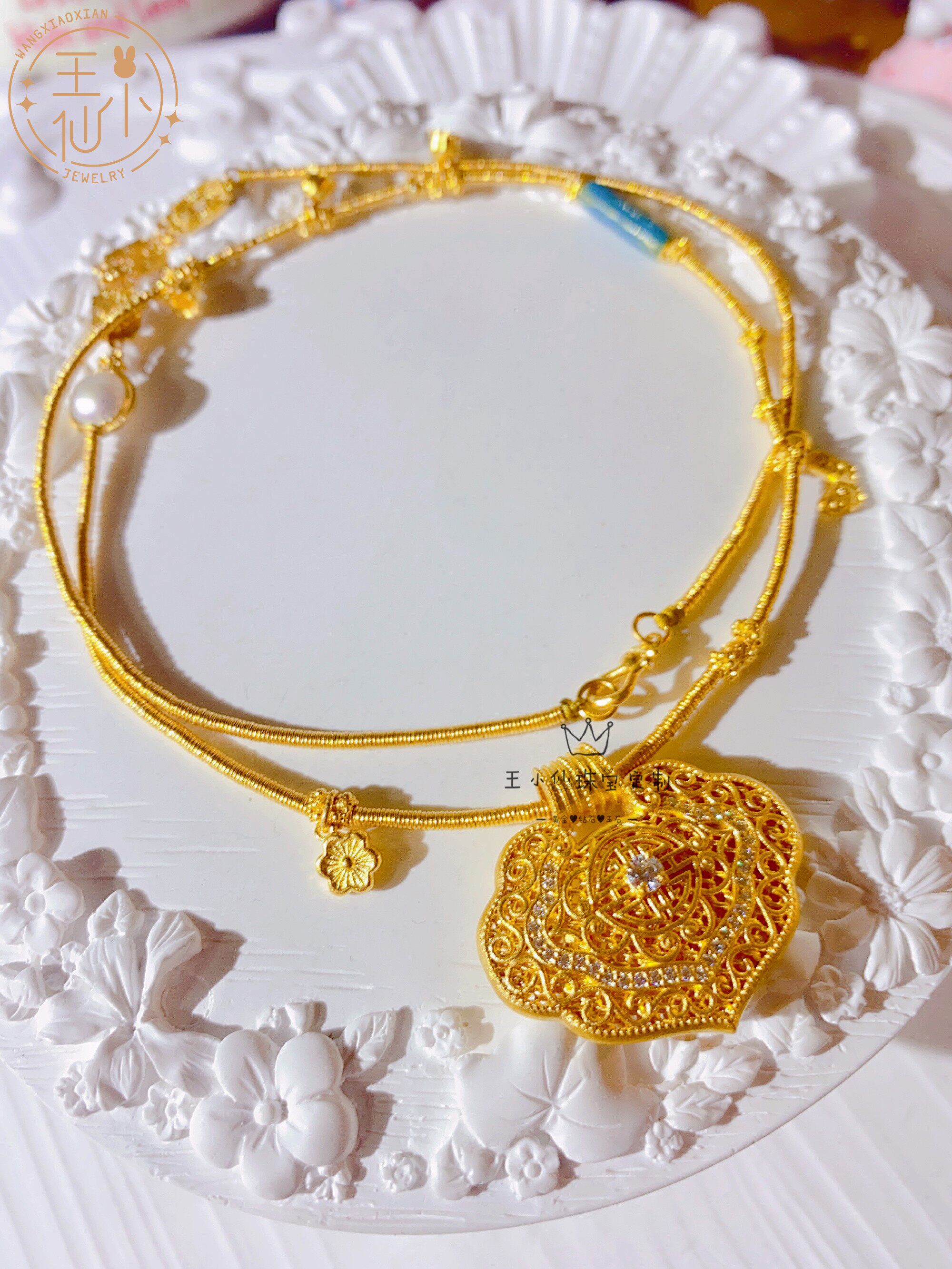 999足金手工古法金点钻工艺莫桑石镶嵌黄金如意锁套链女士金项链