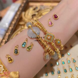 手工古法金天然糖果色碧玺 马卡龙 葫芦 福禄吊坠 小提溜6*9mm