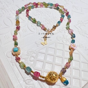 足金999古法金1mm金珠2mm蹦迪珠天然糖果色随形碧玺项链手链两用