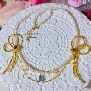 足金镭射金珠蝴蝶结蓝色碧玺方糖3mm天然淡水珍珠 定价镶嵌 项链