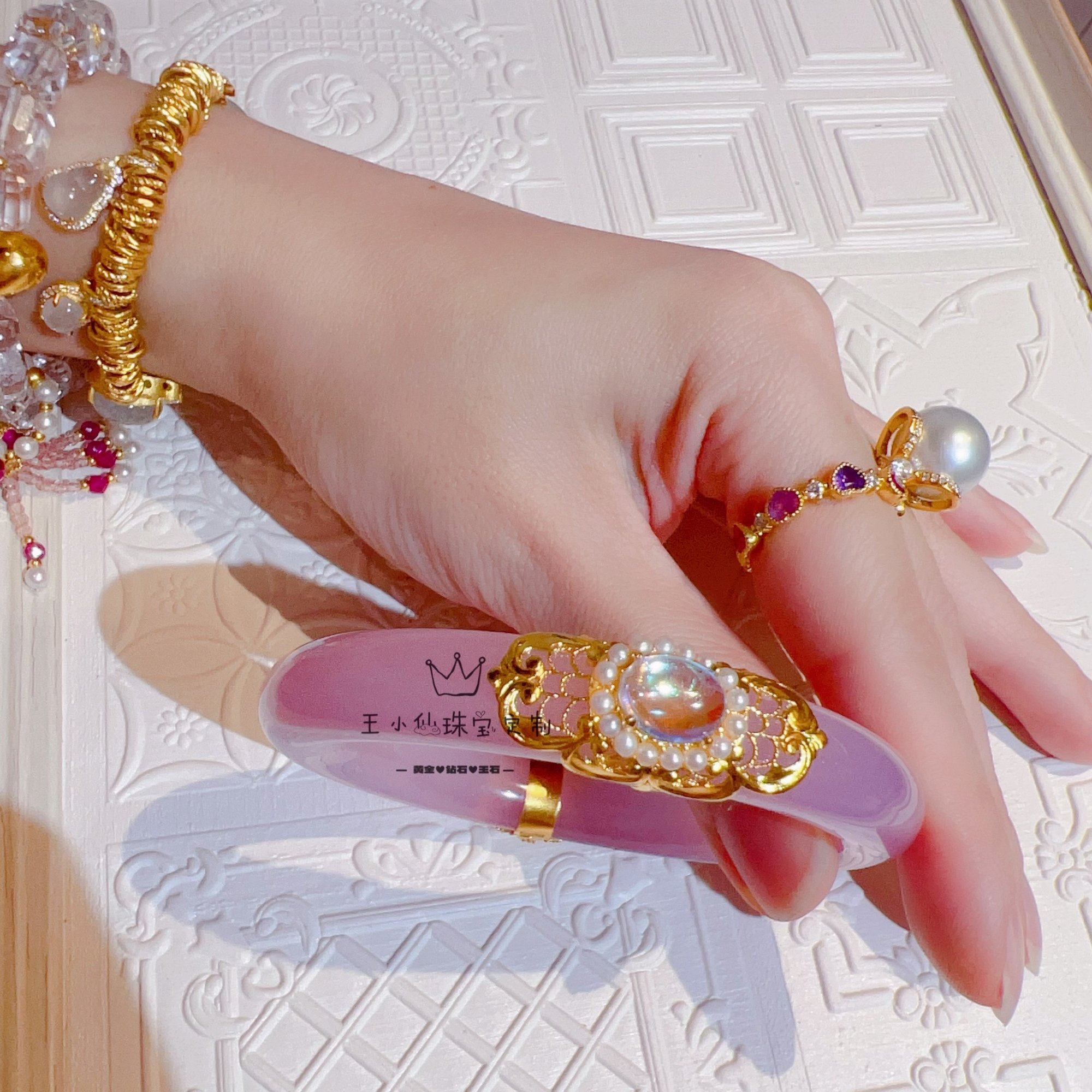 足金999古法金天然淡水珍珠镂空花丝如意四叶草手镯修复