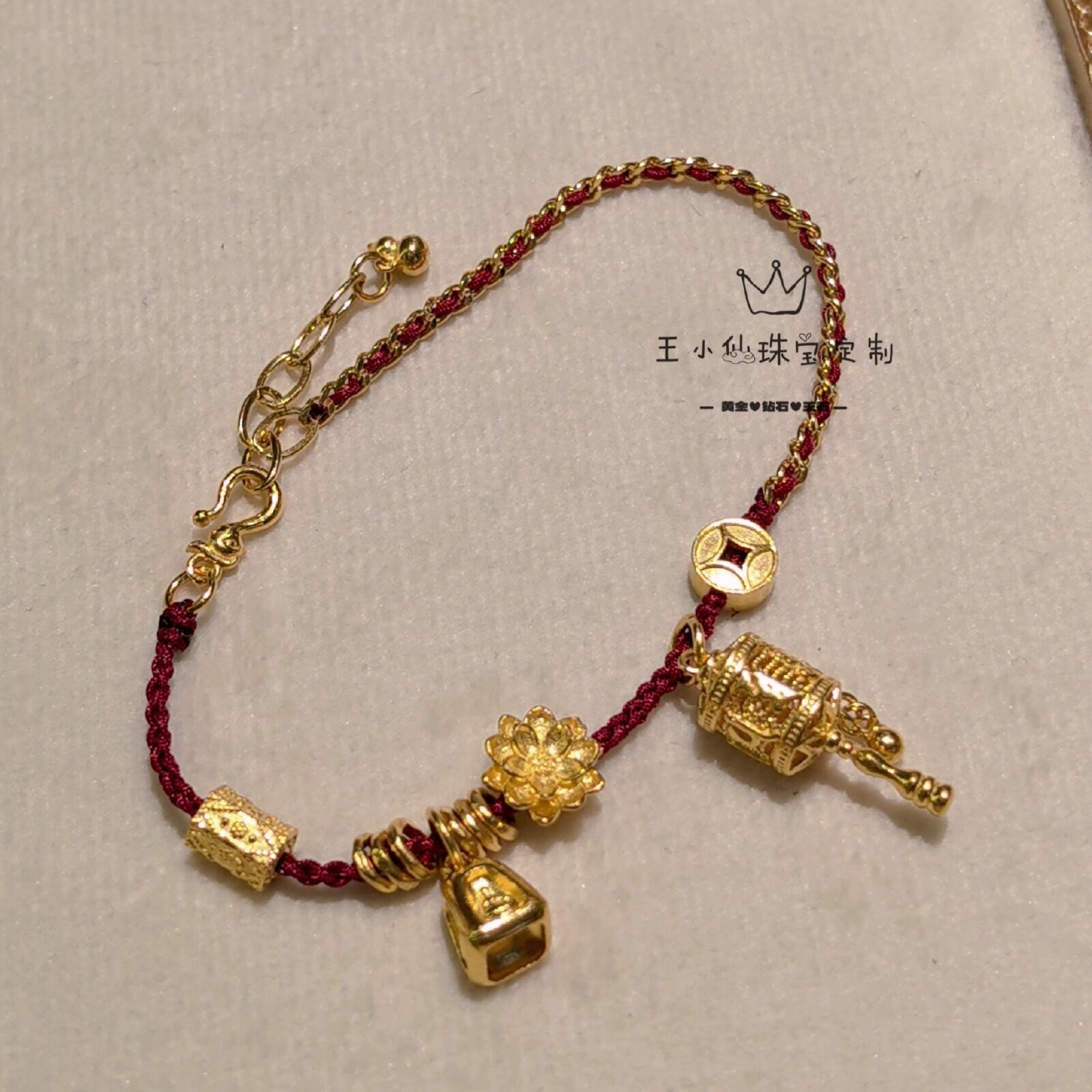 足金999传承古法金六字真言转经轮莲花无相佛莲花招财古巴手链