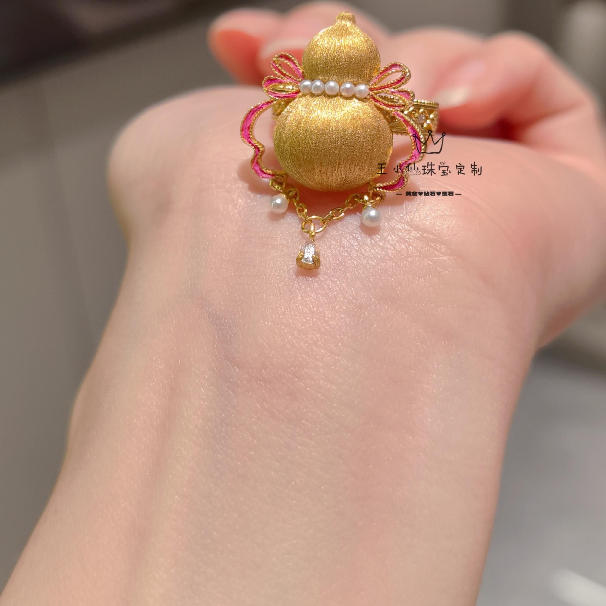 足金999传承古法金天然淡水珍珠仿点翠拉丝葫芦蝴蝶结如意戒指女