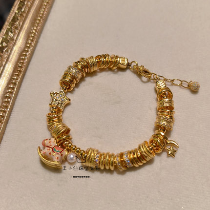 足金999手工古法金锤纹黄金盘缠7-8mm烧蓝小木马星星算盘金鱼手链