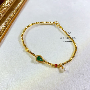 足金999爆闪蹦迪珠珍珠小提溜满绿天然翡翠A危料葫芦手链2mm