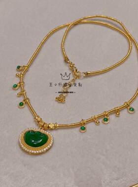 足金999手工古法金天然翡翠A货危料事事如意叮当黄金盘缠项链女