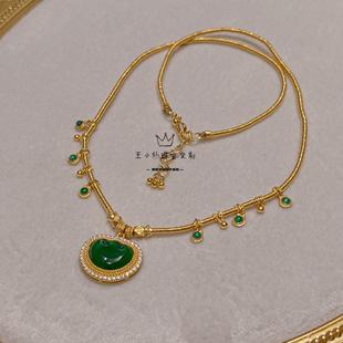 足金999手工古法金天然翡翠A货危料事事如意叮当黄金盘缠项链女