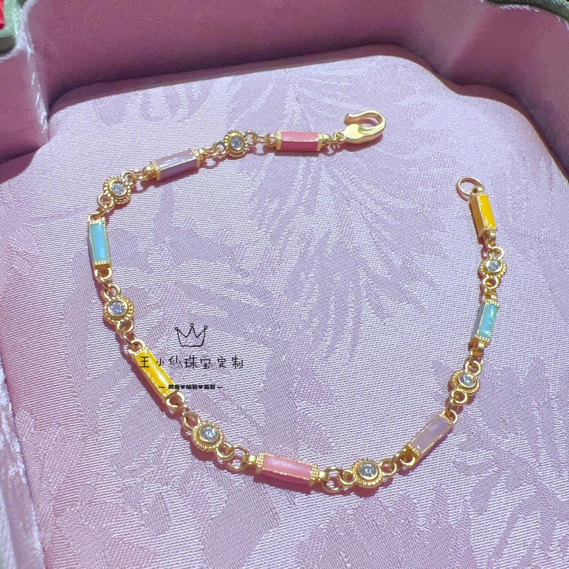 足金999手工古法金高温烧蓝工艺莫桑石彩虹竹节管手链女