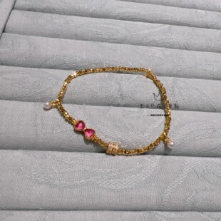 足金999镭射蹦迪珠2mm天然玫红碧玺蝴蝶结少女手串5g工艺手链