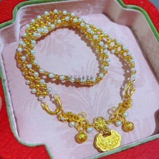足金999古法金錾刻金如意平安锁吊坠天然淡水珍珠金珠编织项链女