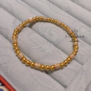 足金999传承古法金4mm古法金珠莫桑点钻工艺双圈隔珠女士黄金手链