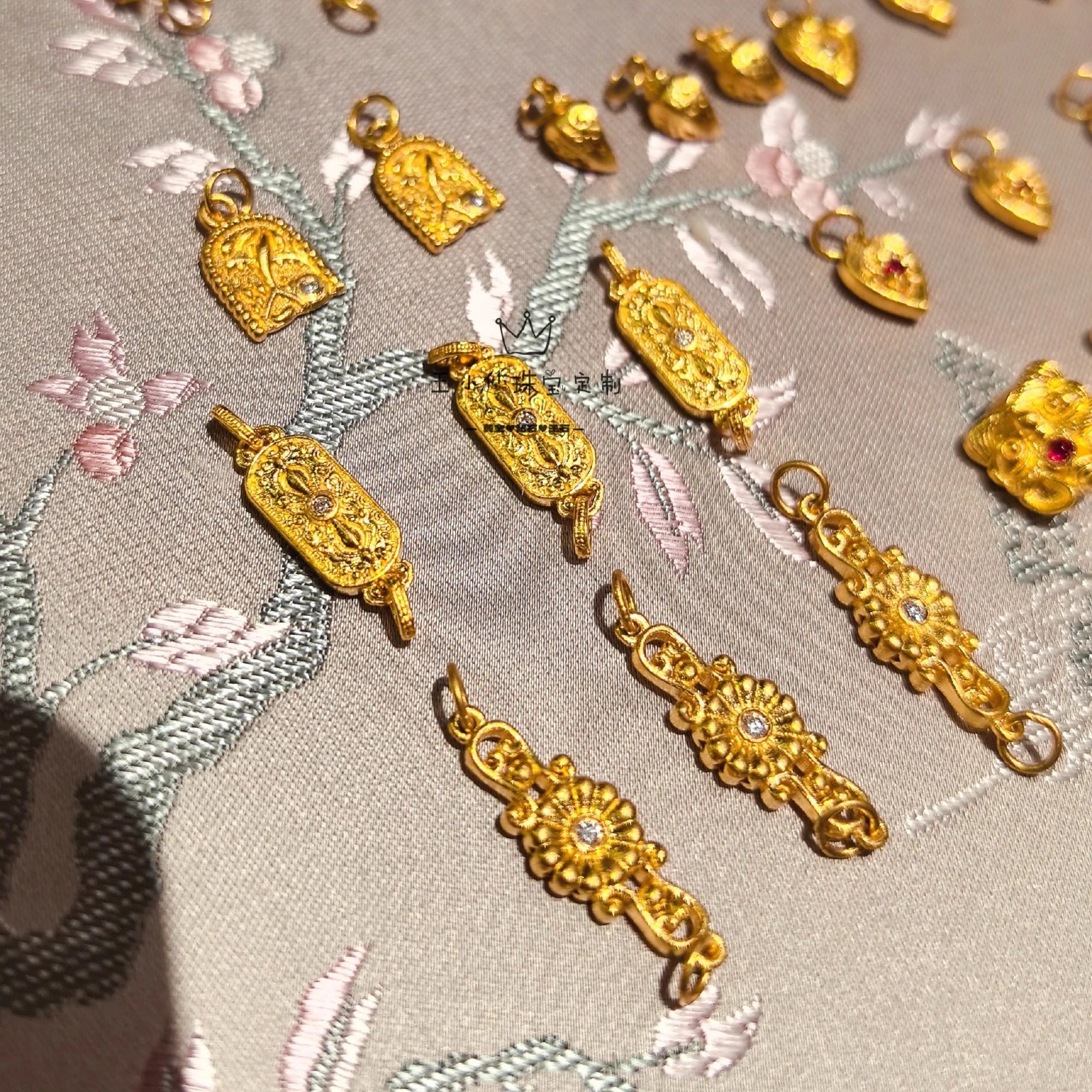 足金999手工古法金点钻工艺天然钻石红宝石国风配件手串手链配件