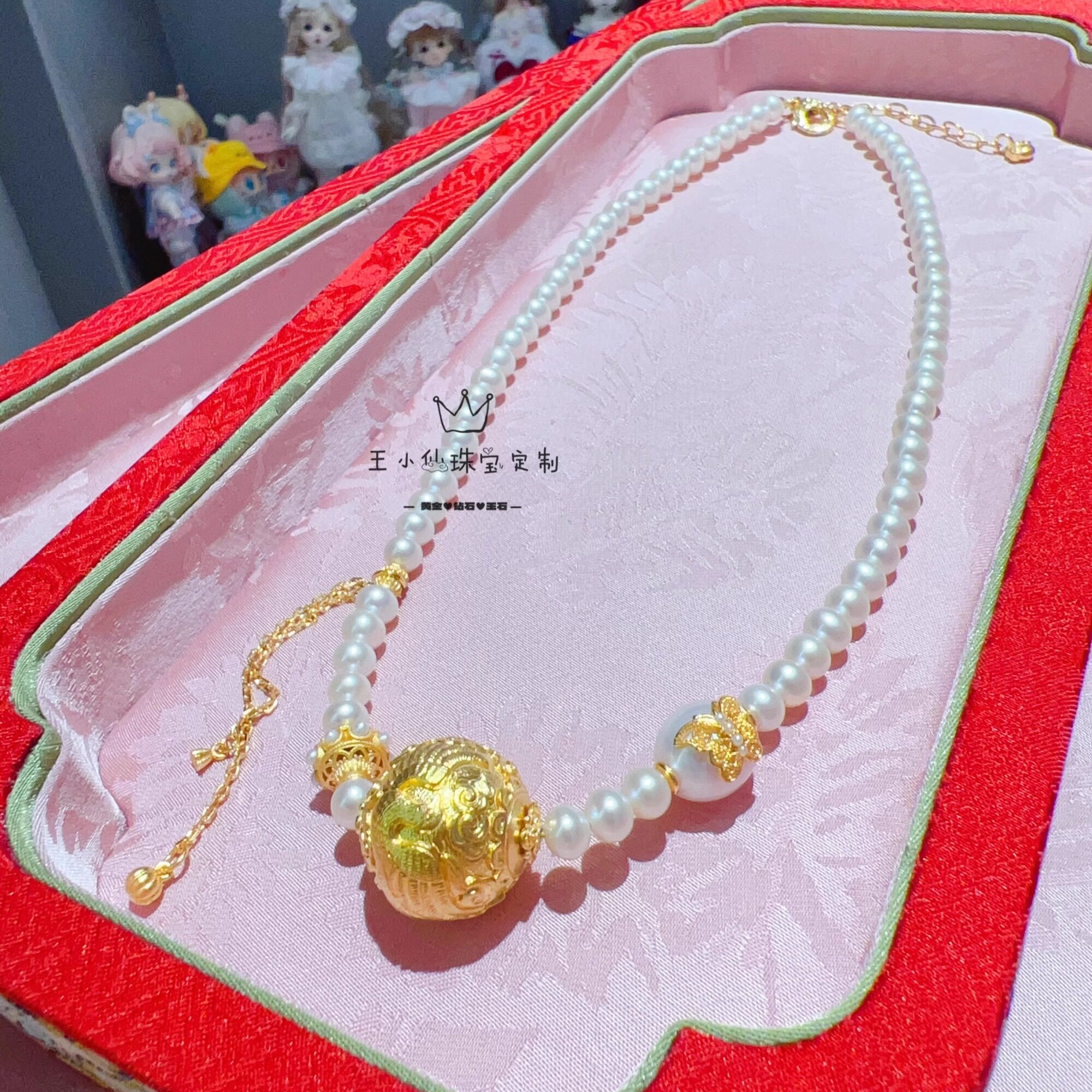 足金999古法金錾刻凤凰珠18mm天然淡水珍珠蝴蝶流苏宫廷项链女