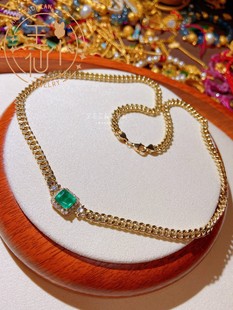 王小仙 独家定制 18K黄金色 祖母绿钻石镶嵌 时尚 复古风古巴项链