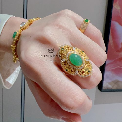 足金999传承古法金镂空花丝宫廷如意图腾天然缅甸翡翠蛋面戒指女