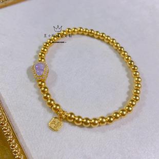 足金传承古法金弹力绳莫桑石天然翡翠葫芦缅甸紫罗兰4mm金珠手串