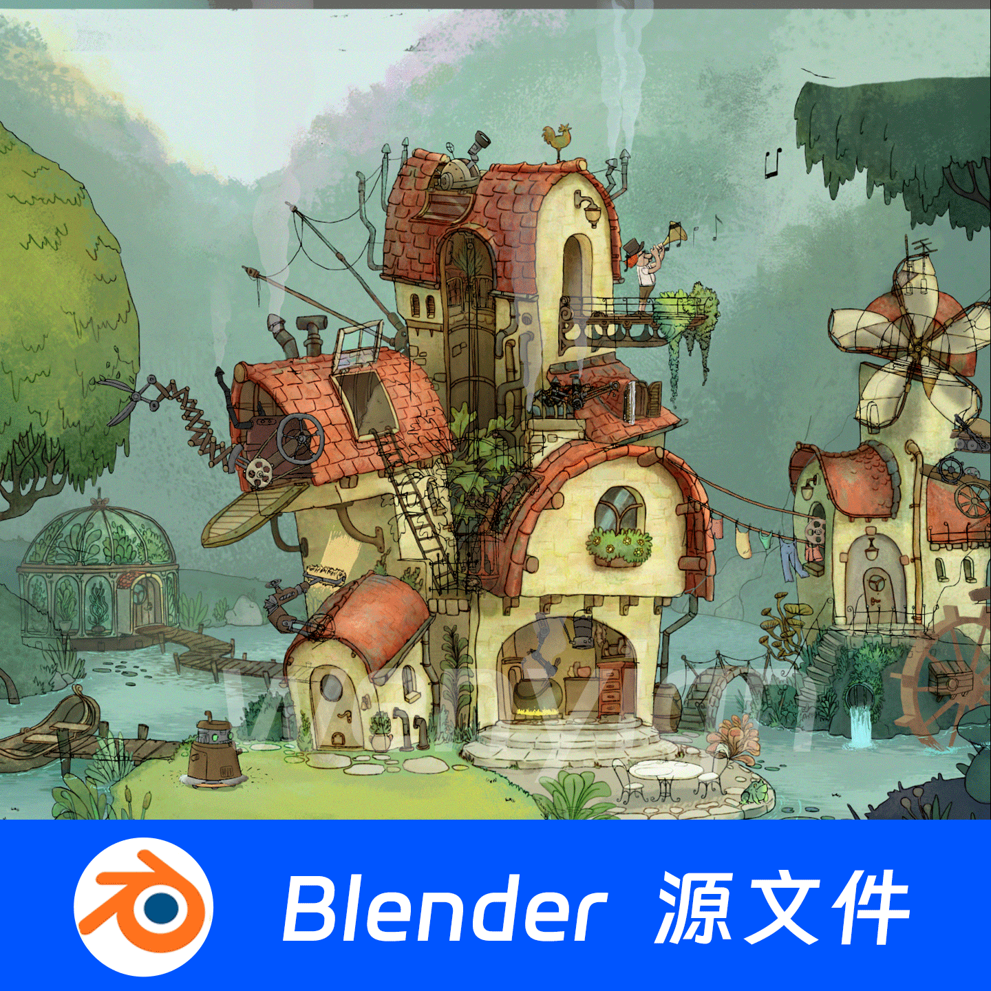 Blender手绘森林三渲二卡通风格复古房子风车音乐场景模型2448