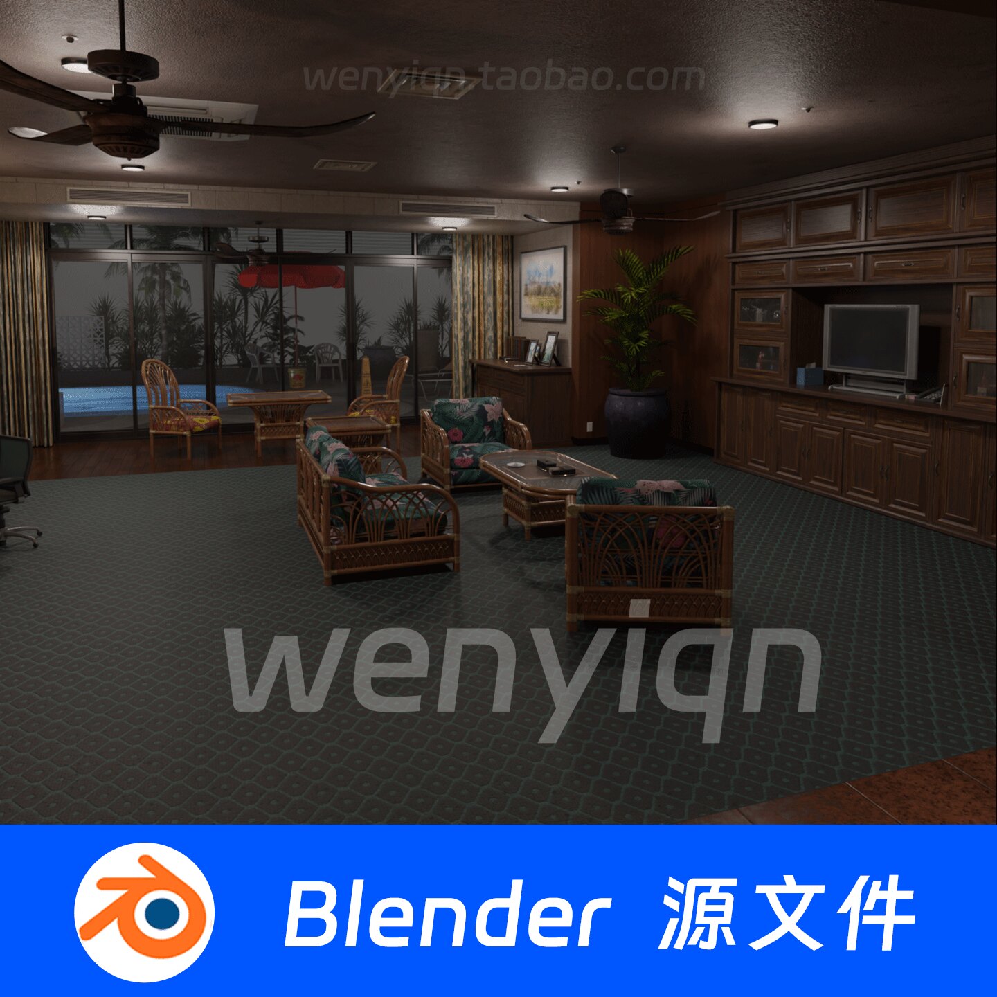 复古别墅酒店室内室外装修躺椅游泳池东南业Blender场景模型2550