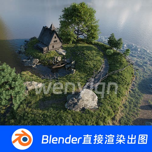 小岛湖泊森林木屋大树河流写实树木植物风景Blender场景模型1896