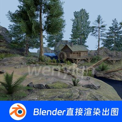 森林树木植物草丛木屋Blender场景模型1595