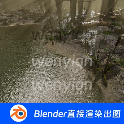 Blender湿地沼泽原始森林枯树池塘模型709