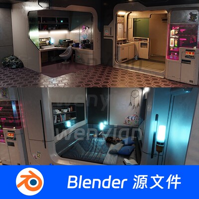 未来科技客厅房间公寓科幻别墅电竞房建筑Blender模型646