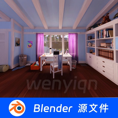 书房书桌房间海报窗户女生男生Blender场景模型2403