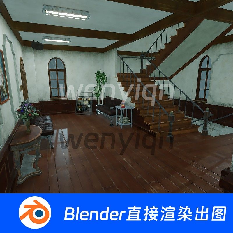 复古别墅房间室内破旧房子欧式楼梯Blender模型1008
