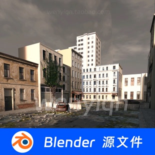 城市街道路面道路废墟汽车破旧末日建筑楼房Blender场景模型2515