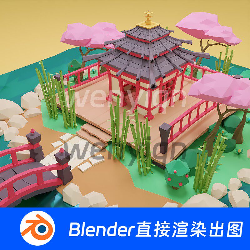 卡通中国古风房子庭院建筑竹子中式亭台楼阁国风Blender模型1040