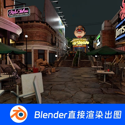 街角街区废弃城市夜景街道荒废霓虹灯Blender场景模型1337