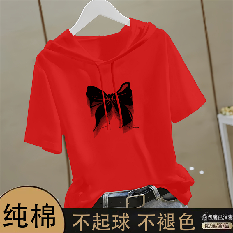 2025新款夏季连帽印花卫衣短袖t恤女宽松设计感小众韩系休闲上衣