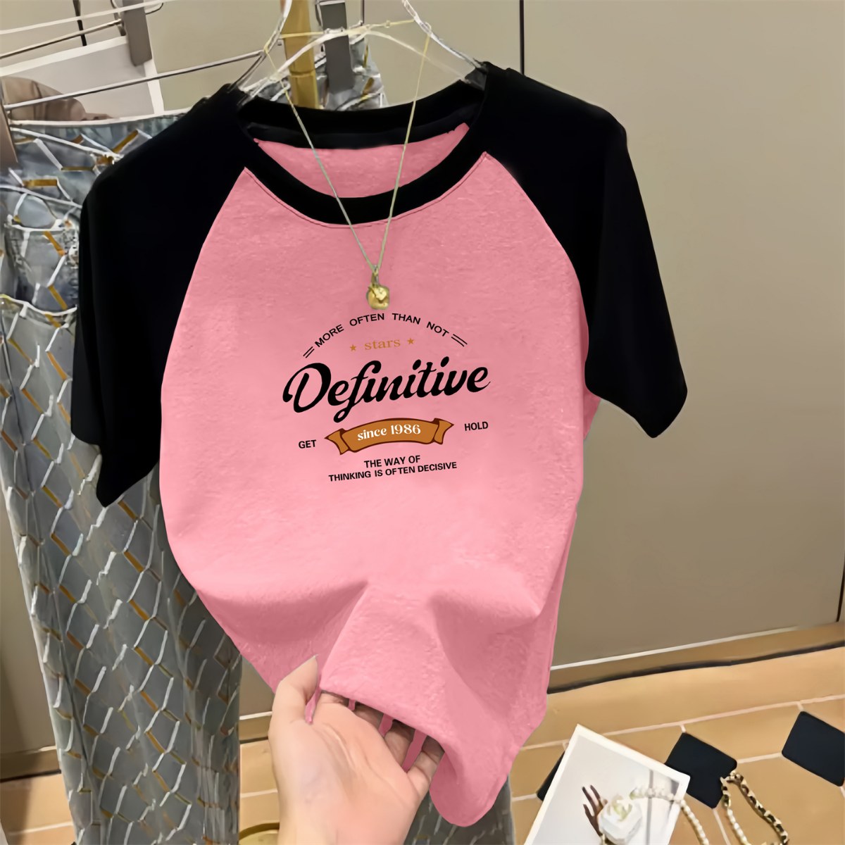 2025新款正肩撞色纯棉短袖t恤女ins时尚百搭减龄显瘦插肩上衣夏季