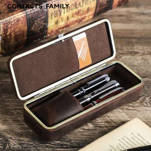 复古疯马牛皮真皮质笔袋钢笔收纳盒3支装手工制办公长方形笔盒套