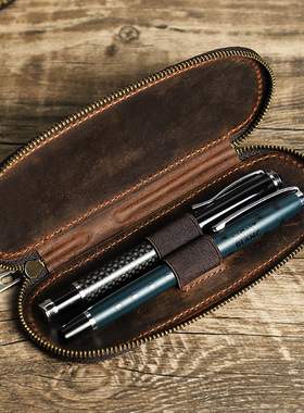 复古疯马牛皮真皮质钢笔袋2支装手工制拉链随身便捷式钢笔收纳盒