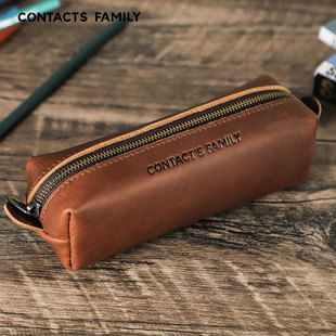 复古油珠牛皮真皮质笔袋拉链简约学生文具收纳袋方形圆珠笔盒便携